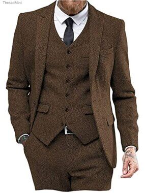 Mens Tweed Herringbone 3 Piece Suit Peak Lapel Wedding Prom Tuxedo